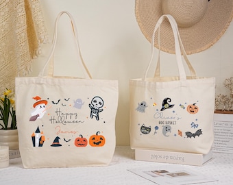 Aangepaste Halloween-draagtas canvas, gepersonaliseerde Halloween-draagtas, Halloween-draagtas canvas, voedselmandtas, Halloween-tassen voor kinderen