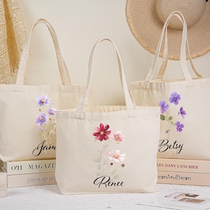 Birth Month Flower Personalized Canvas Tote Bag,Gift for her,Birthday Gift for her,Wedding Gift,Gift for Mom,Bachelorette Bridesmaid Gifts