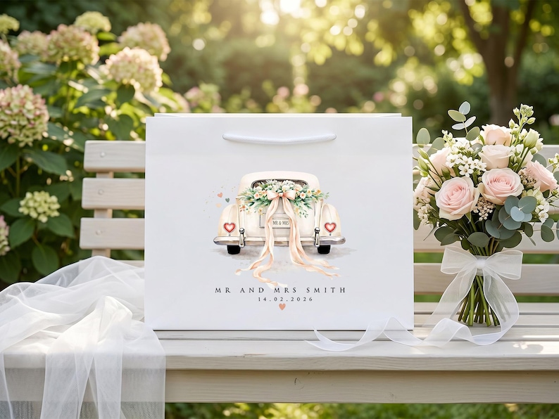 Personalisierte Hochzeitsgeschenktasche, Geschenktüte für das Brautpaar, Erinnerungstüte für den Hochzeitstag, Geschenktüte mit individuellem Namen Bild 1
