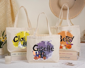 Personalized Halloween Tote Bag,School Halloween Kids Gift,Personalized Trick-Or-Treat BagCustom Halloween Canvas Tote Bag,Candy Bag