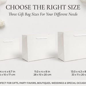 K&ouml;nnte beinhalten: Drei schlichte wei&szlig;e rechteckige Geschenkt&uuml;ten mit wei&szlig;en Griffen, nach Gr&ouml;&szlig;e sortiert. Der Text lautet: CHOOSE THE RIGHT SIZE, Three Gift Bag Sizes For Your Different Needs, mit den Ma&szlig;en 24 x 10 x 17 cm, 28 x 10 x 20 cm und 33 x 11 x 20 cm.