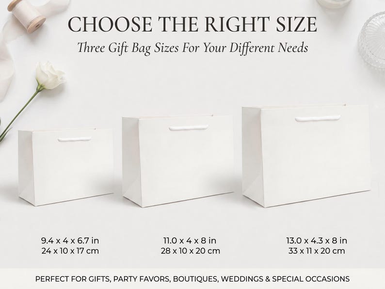 K&ouml;nnte beinhalten: Drei schlichte wei&szlig;e rechteckige Geschenkt&uuml;ten mit wei&szlig;en Griffen, nach Gr&ouml;&szlig;e sortiert. Der Text lautet: CHOOSE THE RIGHT SIZE, Three Gift Bag Sizes For Your Different Needs, mit den Ma&szlig;en 24 x 10 x 17 cm, 28 x 10 x 20 cm und 33 x 11 x 20 cm.