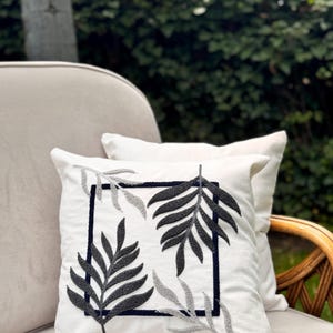 Minimalist Leaf Embroidered Pillow Cover – Black & Grey Botanical Throw Cushion with Framed Design