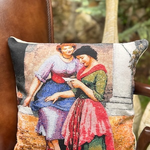 Almohada de tapiz tejida a mano, cojín vintage con mujeres leyendo cartas, funda de almohada vintage tejida a mano, cojín de tapiz.