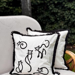 Embroidered Black Cat Pillow Cover,Handmade Cotton Decorative Throw Pillow, Spring Home Decor, Handmade Pillow Cover, Throw Pillow
