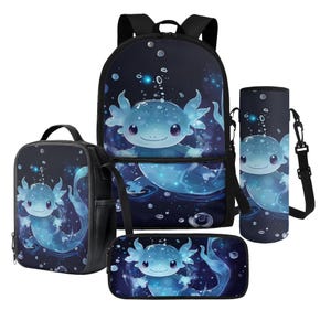 Axolotl Backpack Set-Salamander School Bag with Lunch Bag, Pencil Case & Water Bottle Holder | Mystical Sea Creature Design | School Bags