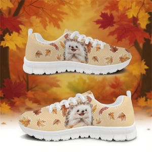 Niedliche Igel Ahornblatt Sneakers | Atmungsaktives Mesh Freizeitschuhe | Benutzerdefinierte POD Laufschuhe für Outdoor-Sportarten | Herbst Thanksgiving Schuhe