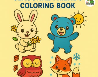 Cute Animal Friends Coloring Book – Four Seasons, 28 Pages (Digital Download)