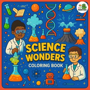 Op de afbeelding: Een kleurrijke illustratie voor een "Science Wonders Coloring Book" met cartoonwetenschappers, bekers, een DNA-streng en een vulkaan. De boekomslag heeft een blauwe achtergrond met oranje en gele tekst.