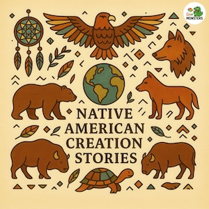 May include: Illustration with Native American themes. Depicts a dreamcatcher, eagle, wolf, bear, bison, turtle, and a globe. The text reads "Native American Creation Stories". The colour scheme uses earthy tones.
