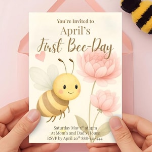First Bee Day Birthday Invitation Template | Editable Canva Template | 1st Birthday | Bumble Bee Birthday | Instant Download |Digital Invite