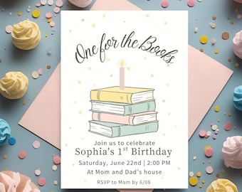 One for the Books First Birthday Invitation Template – Editable Canva Invite, Book Theme Birthday, Storybook Party, Instant Download, DIY