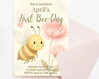 First Bee Day Birthday Invitation Template | Editable Canva Template | 1st Birthday | Bumble Bee Birthday | Instant Download |Digital Invite