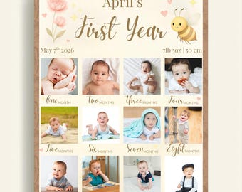 May include: A framed baby milestone photo collage titled "April's First Year." The collage includes twelve photos, one for each month, with the baby's birth date and weight. Decorative elements include a bee, flowers, and hearts.