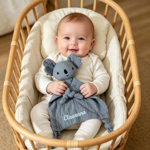 Conjunto de edredón de muselina personalizado para bebé con nombre bordado, manta de seguridad y peluche personalizados, regalo único para baby shower.