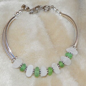 Green and White Real Sea Glass Tube Bead Bracelet