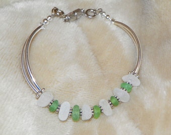 Green and White Real Sea Glass Tube Bead Bracelet