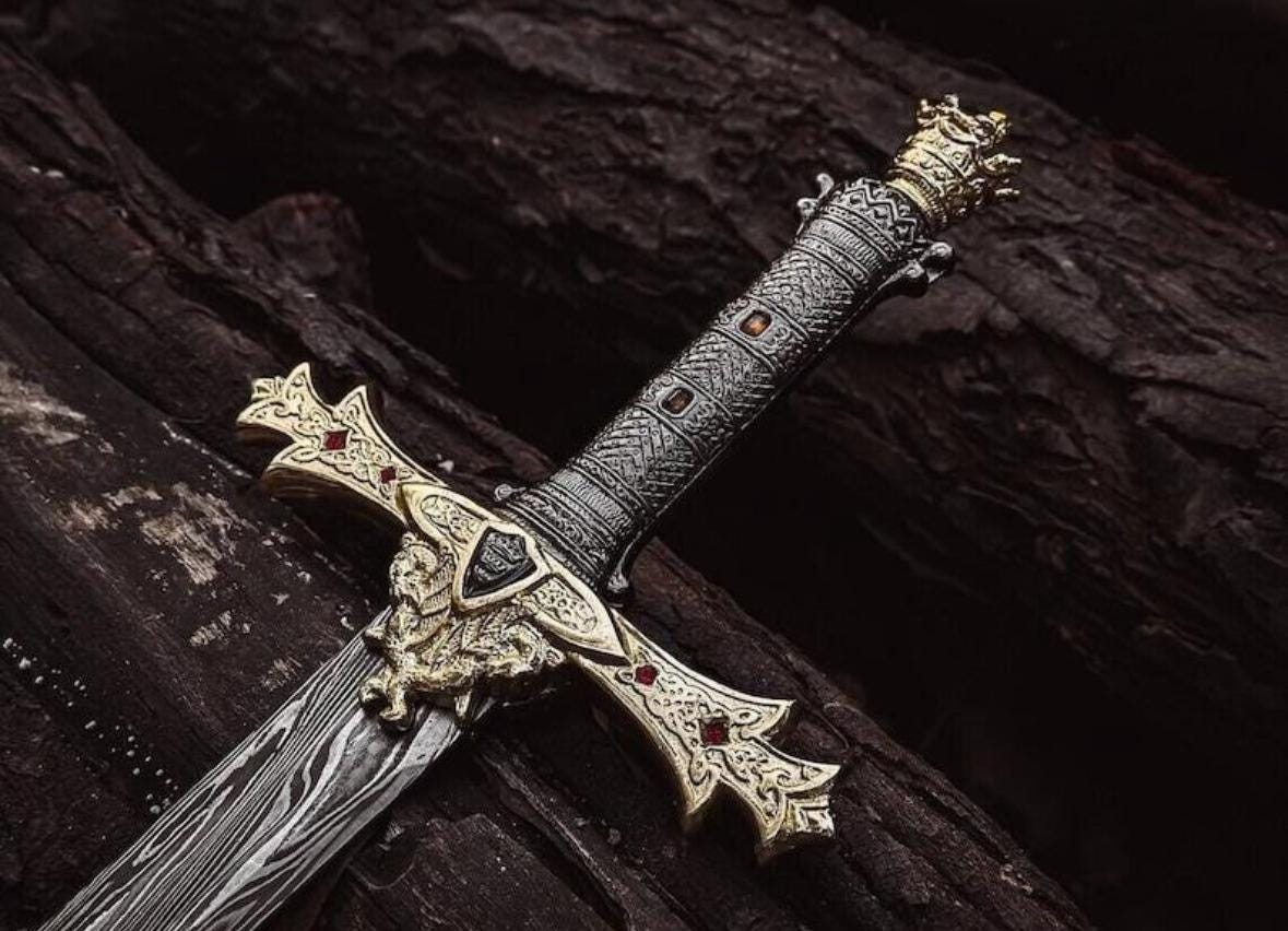 Handmade Damascus Templar Sword – Medieval Style with Leather Sheath – Unique Gift for Him or Christmas