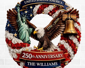 Corona de madera personalizada del 250 aniversario de Estados Unidos, letrero "La libertad vive en nosotros", decoración personalizada con el nombre de la familia Patriot.
