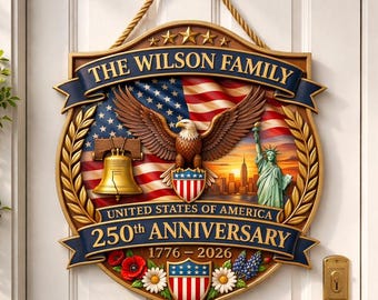 Corona de madera del 250 aniversario de Estados Unidos, decoración patriótica personalizada con apellido familiar, letrero patriótico de madera para puerta (1776-2026), letrero decorativo de pared estadounidense del 250 aniversario.