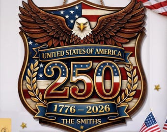 Corona de madera personalizada del 250 aniversario de Estados Unidos, letrero "La familia nos mantiene unidos", nombre de familia patriota personalizado