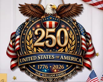 Corona de madera personalizada del 250 aniversario de Estados Unidos, letrero de madera "Orgullo estadounidense siempre", colgador de puerta personalizado con nombre familiar.