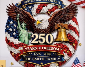 Corona de madera personalizada del 250 aniversario de Estados Unidos, letrero "Corazones orgullosos se alzan juntos", colgador de puerta personalizado con el nombre de la familia Patriot.