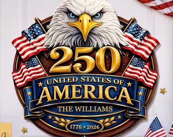 Letrero personalizado del 250 aniversario de Estados Unidos, "Corazones orgullosos unidos", decoración personalizada con el nombre de la familia Patriot.
