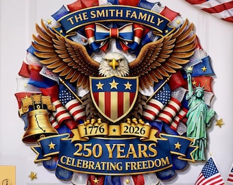 Corona de madera personalizada del 250 aniversario de Estados Unidos, letrero de madera "Juntos en orgullosa unidad", decoración personalizada para la puerta de la familia Patriot.