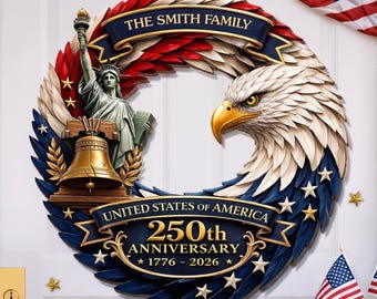Corona de madera personalizada del 250 aniversario de Estados Unidos, corona patriótica de madera con águila calva personalizada, colgador de puerta patriótico