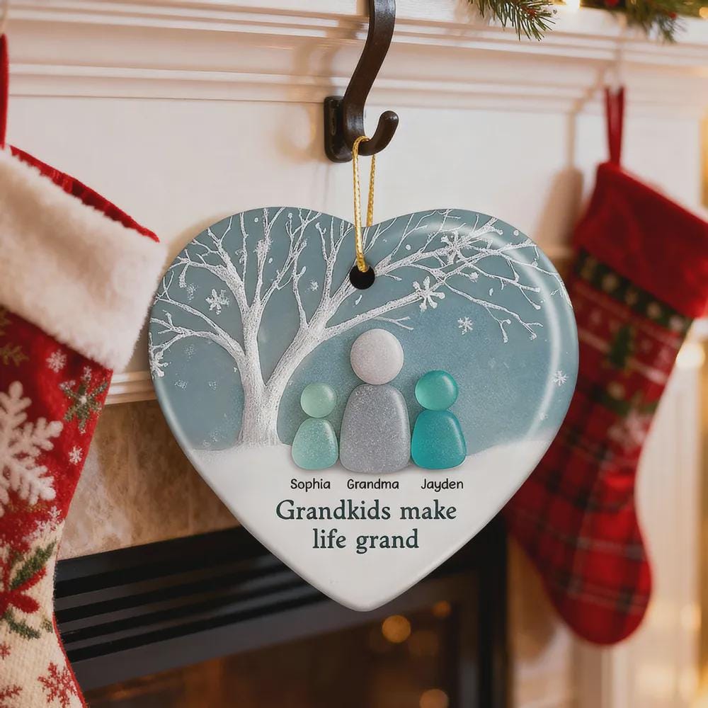 Christmas Grandma & Grandkid On Moon Personalized Glass Ornament Designed By Warden Pearly