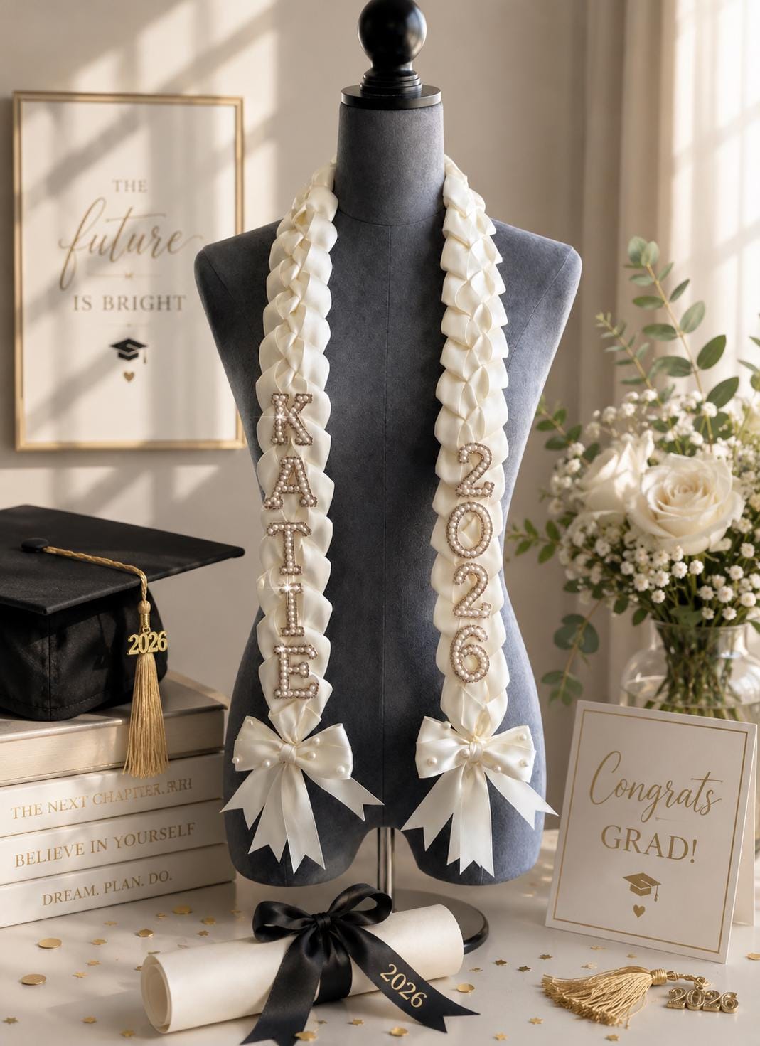 Handmade Satin Ribbon Graduation Stole, Ribbon & Fabric Lei, Custom ...