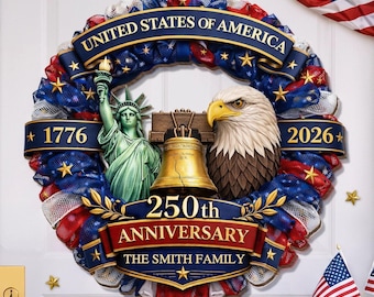 Letrero personalizado del 250 aniversario de Estados Unidos, Libertad en cada corazón, Colgador de puerta personalizado con el nombre de la familia Patriot.
