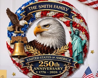 Personalized America 250th Anniversary Wood Wreath, Freedom On Wheels Wooden Sign, Custom Family Name Door Decor
