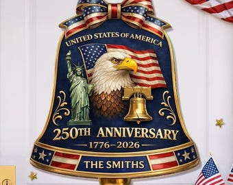 Corona de madera personalizada del 250 aniversario de Estados Unidos, letrero para puerta "La libertad une todos los corazones", decoración con el nombre de la familia del 250 aniversario.