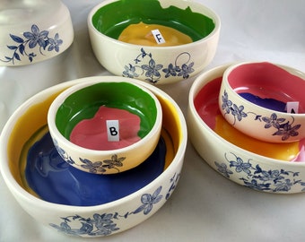 Select a size and a style, set of large and small ceramic kitchen bowls with floral pattern and brightly colored glazes, decorative bowls