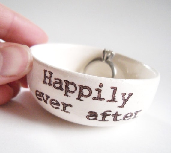HAPPILY EVER AFTER white ceramic ring dish wedding engagement anniversary gift idea handmade wedding ring pillow handprinted jewelry dish