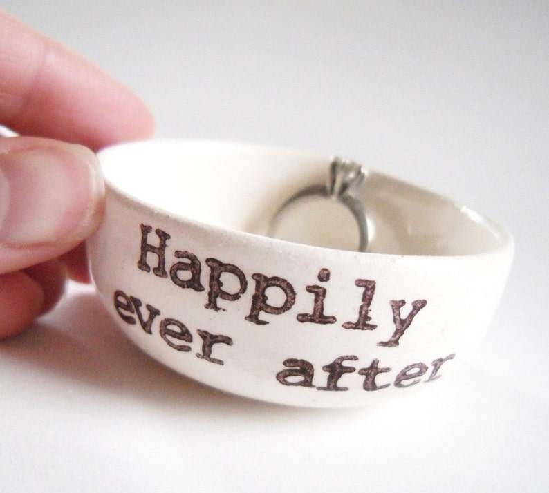 HAPPILY EVER AFTER white ceramic ring dish wedding engagement anniversary gift idea handmade wedding ring pillow handprinted jewelry dish