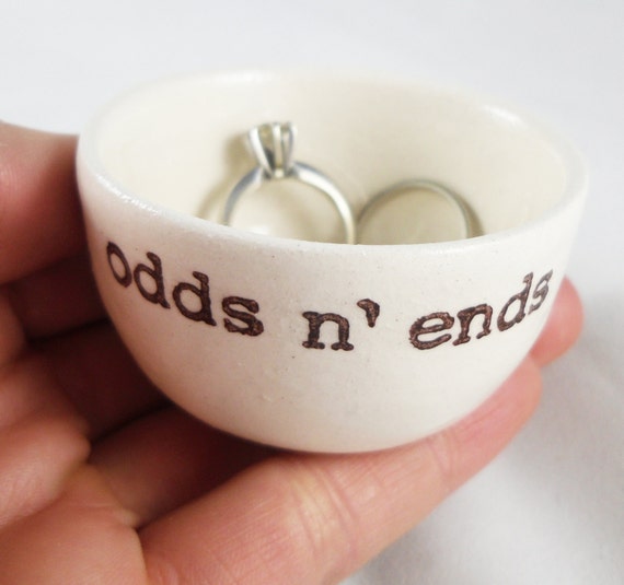 handmade ring holder GIFT FOR BRIDE  odds n' ends handprinted brown custom text case options on white ceramic dish