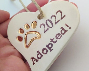 2022 dog ornament, rescue dog ornament, metallic gold ornament, heart shaped ornament, ceramic Christmas ornament, gift for adopted dog, paw