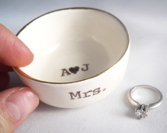custom Mrs. ring holder with gold rim custom couple's initials and heart stamp - engagement gift, wedding ring dish, bridal shower gift
