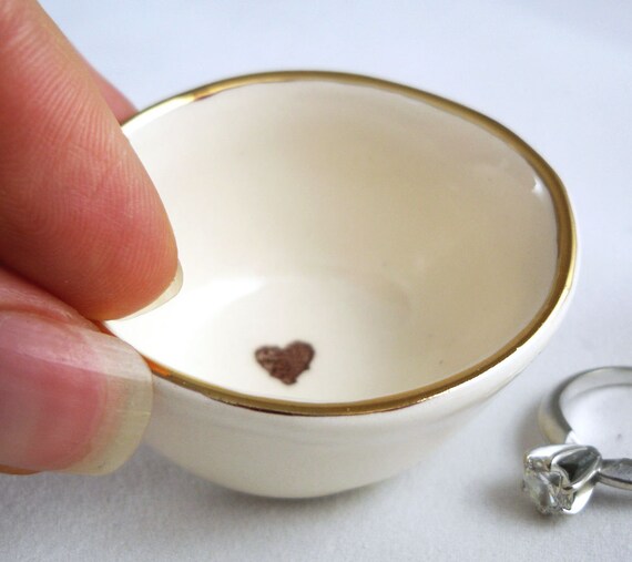 gold or silver ring dish, heart stamped white clay custom ring holder, with a gold luster rim - bridal shower gift, wedding gift for her