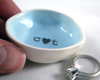 LIGHT BLUE Personalized ring dish with stamped initials and heart / wedding ring holder for bridal shower gift for engagement party