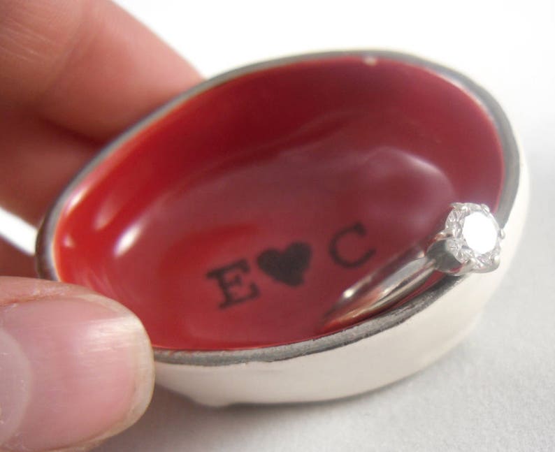 Cute Tiny Ceramic Personalized Engagement Ring Dish gold or silver rim 14 color options Small Ruby Red Customizable Wedding Ring Holder