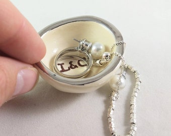 Silver ring dish with personalized initials, small ceramic ring dish with your custom text for bride and groom, white ring holder with names