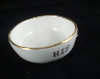 his, ring dish, white ceramic, gold rim, reduced for quick sale,