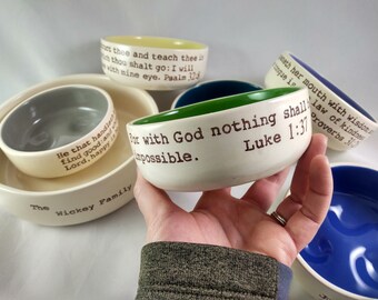 personalized set of scripture bowls for the family, Christian decor, printed bible verse on ceramic bowl, custom family dinner bowl set