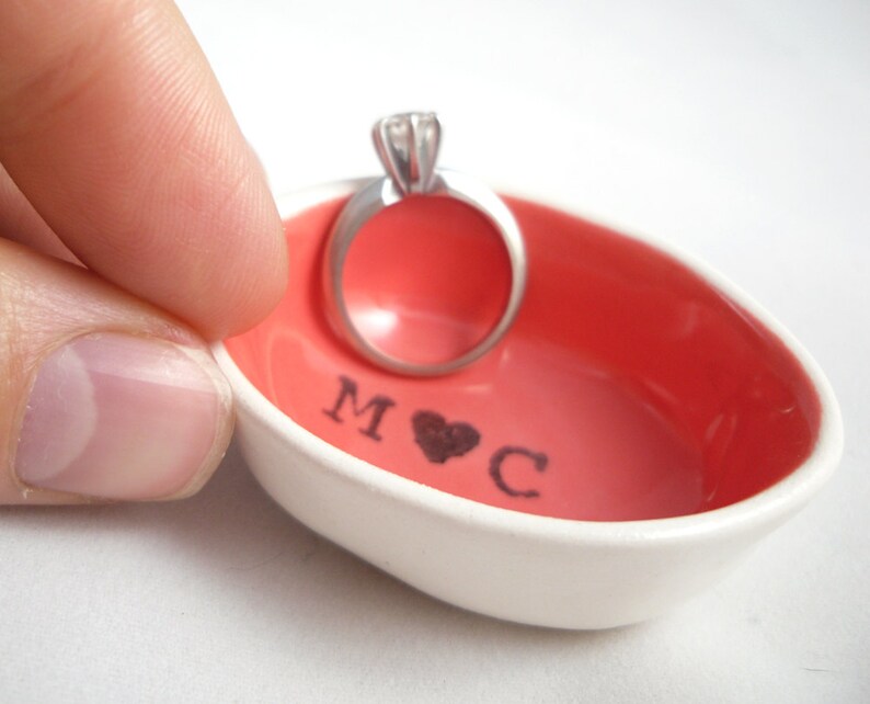 CUSTOM RING HOLDER, personalize wedding ring dish, newly engaged couple, married couple, design your own colored glaze or gold silver rim image 2