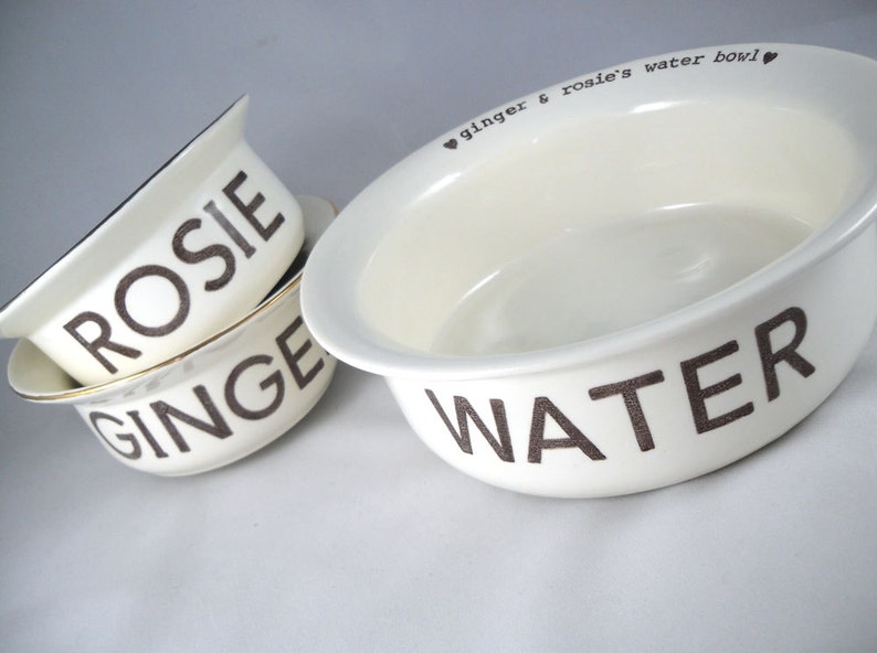 gold rim pet bowl handmade 1 water bowl 2 food bowls dog gift for family pets to share water dish /& separate food dish custom pet name
