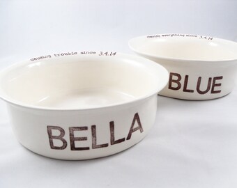 CUSTOM PETS BOWLS set of 2 for food dish and water dish ceramic white earthenware large or small personalized dog or cat gift, ceramic bowl